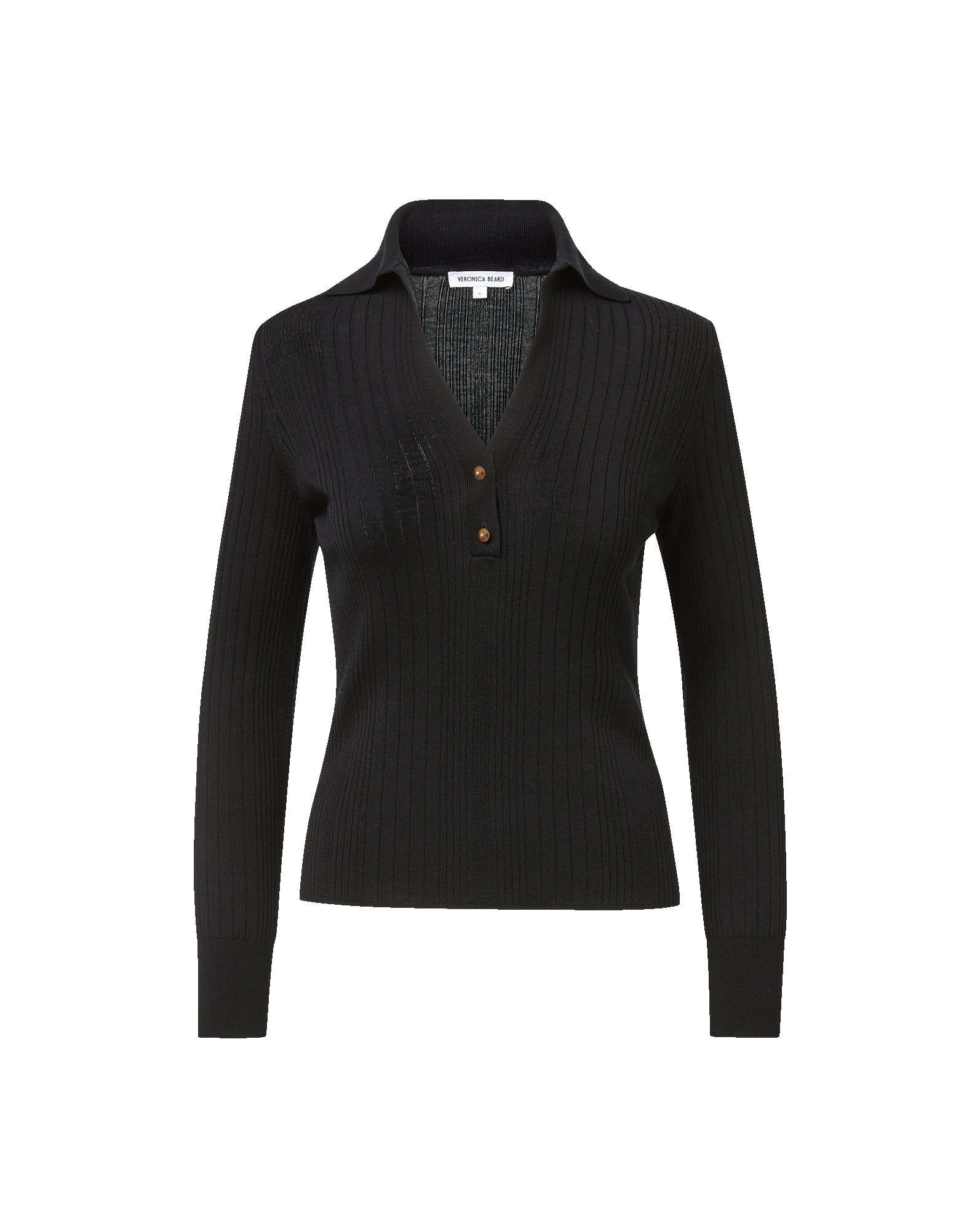 Veronica Beard Black ribbed knit polo sweater with brown buttons.