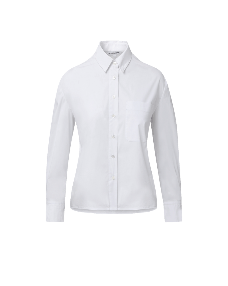 Veronica Beard White cotton button-down shirt with chest pocket.