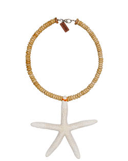 Veronica Beard Wooden beaded necklace with white starfish pendant.