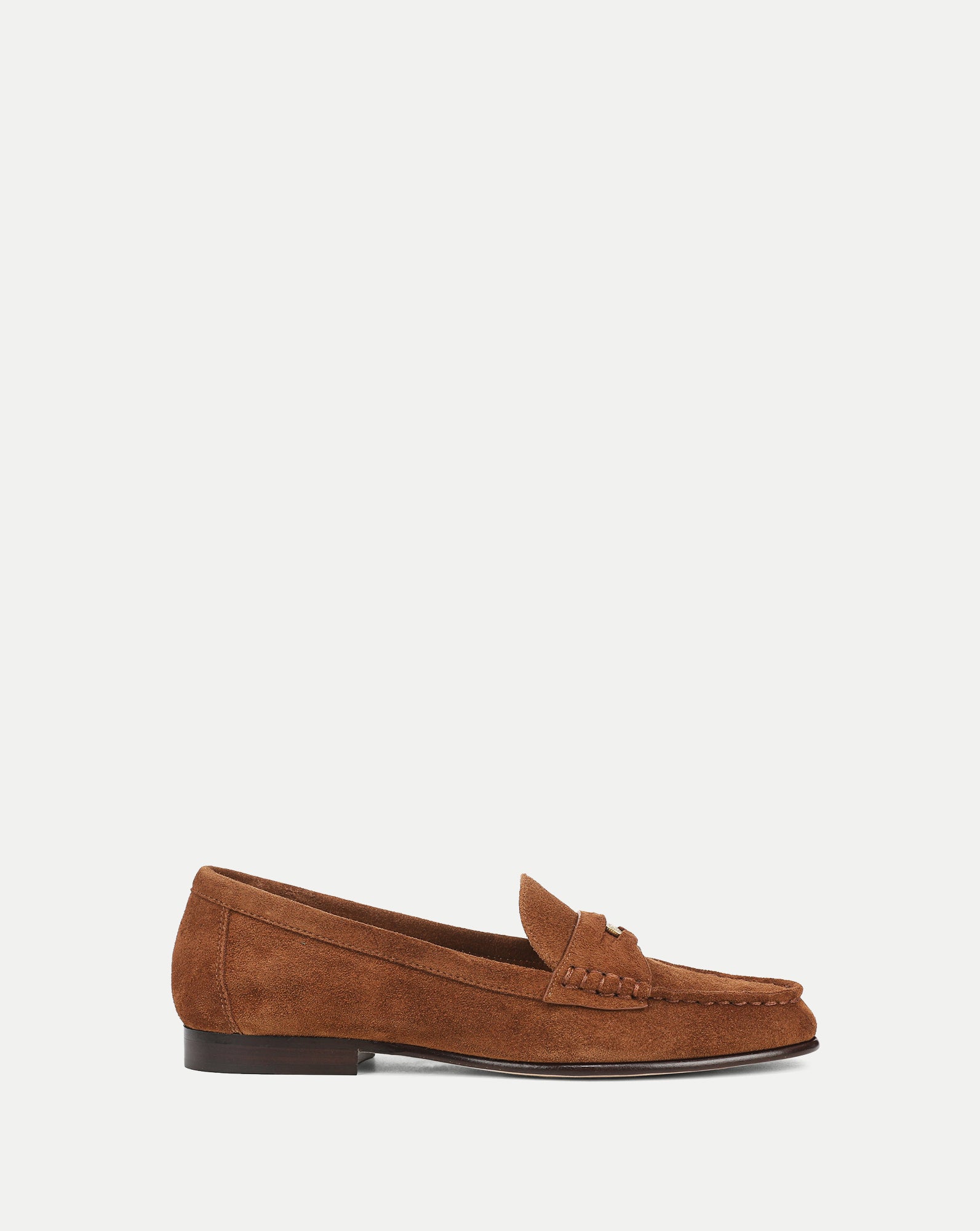 Veronica Beard Brown suede penny loafer with gold buckle.