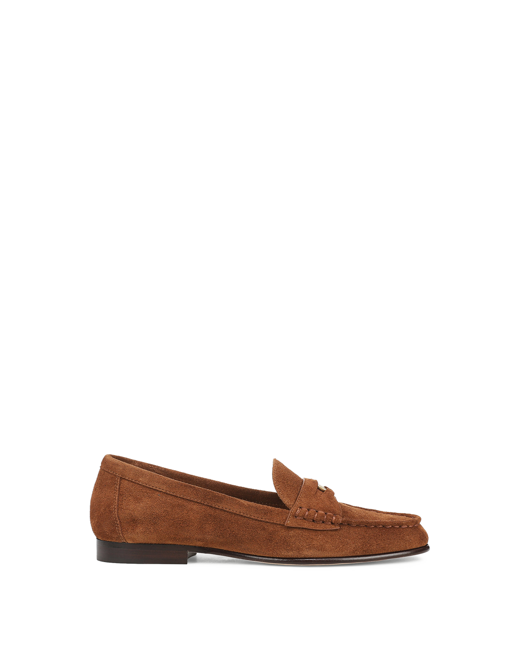 Veronica Beard Brown suede penny loafer with gold buckle.