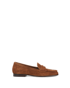 Veronica Beard Brown suede penny loafer with gold buckle.