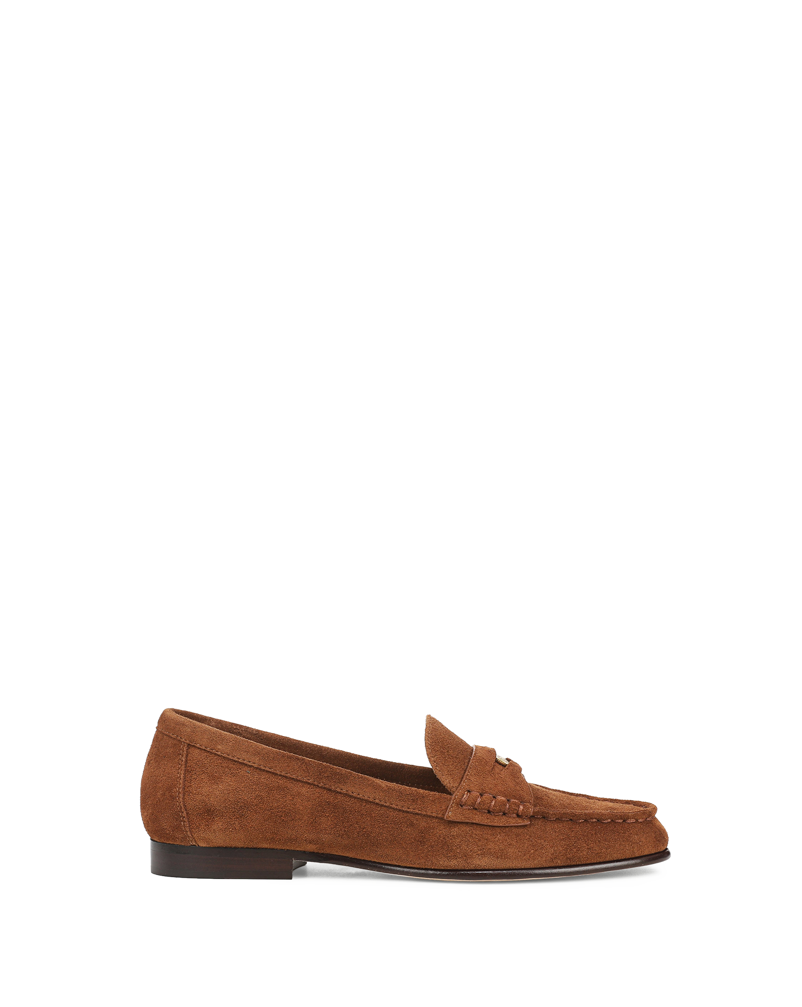 Veronica Beard Brown suede penny loafer with gold buckle.