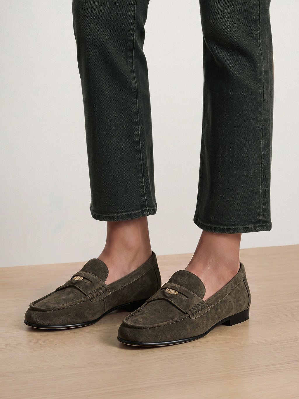 Veronica Beard Dark green suede loafers with gold hardware.