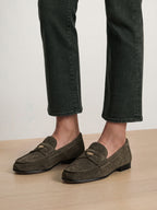 Veronica Beard Dark green suede loafers with gold hardware.