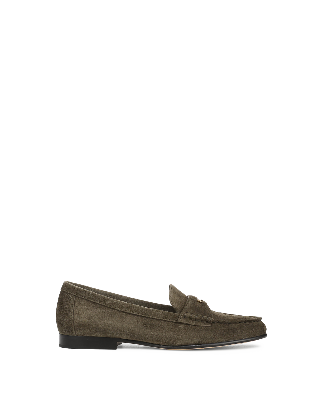 Veronica Beard Olive green suede loafer with gold buckle.