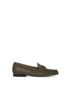 Veronica Beard Olive green suede loafer with gold buckle.