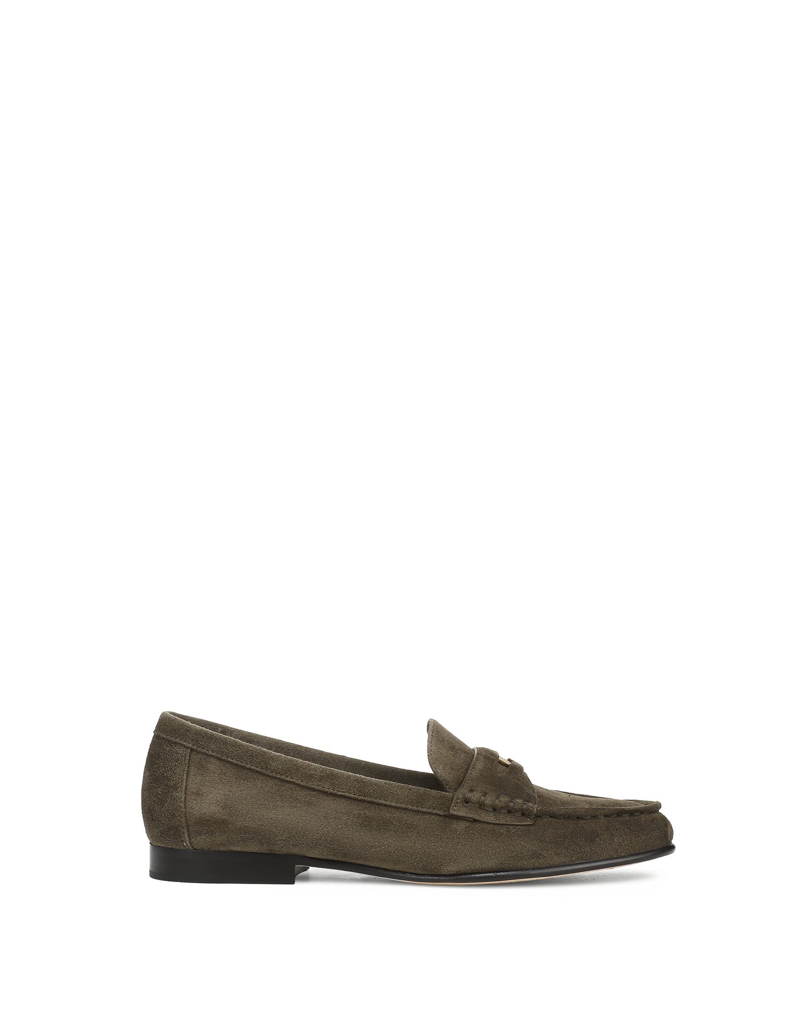 Veronica Beard Olive green suede loafer with gold buckle.