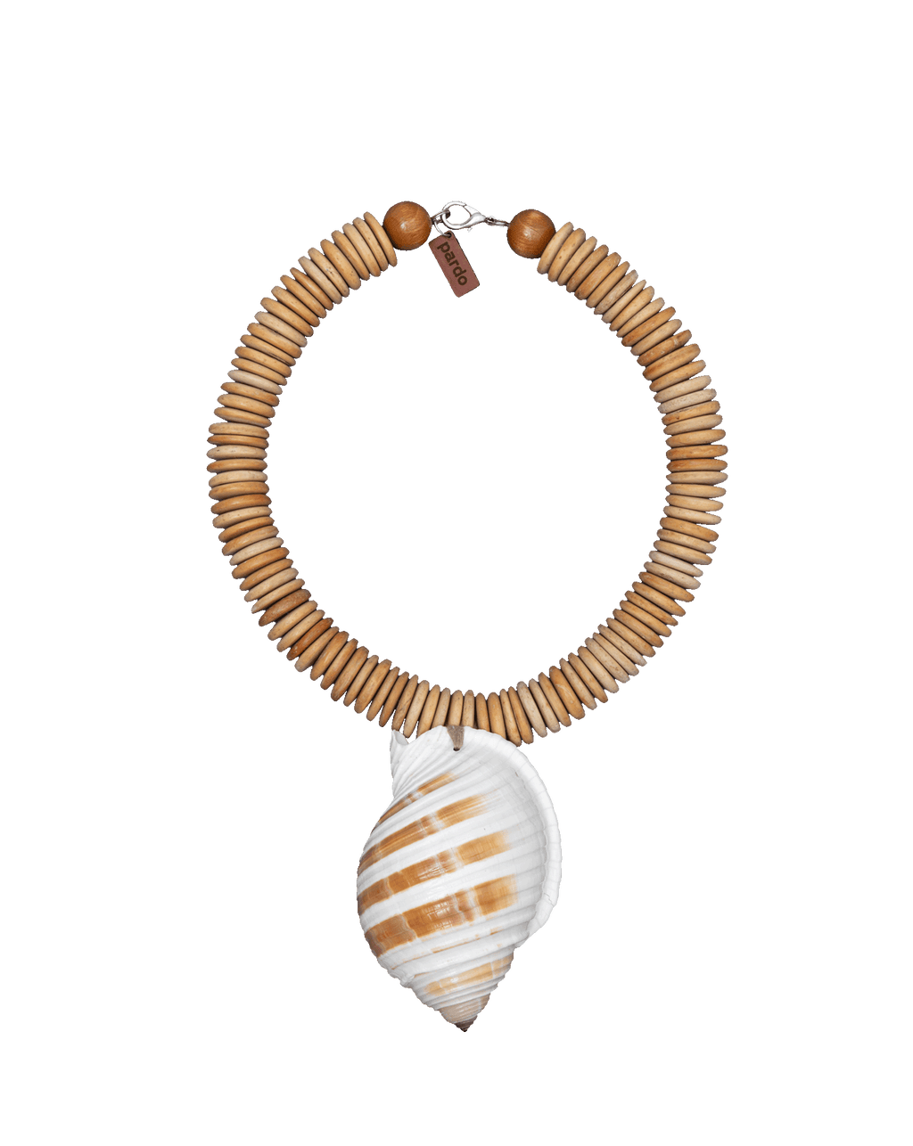 Veronica Beard Wooden beaded necklace with a large spiral shell pendant.
