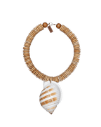 Veronica Beard Wooden beaded necklace with a large spiral shell pendant.