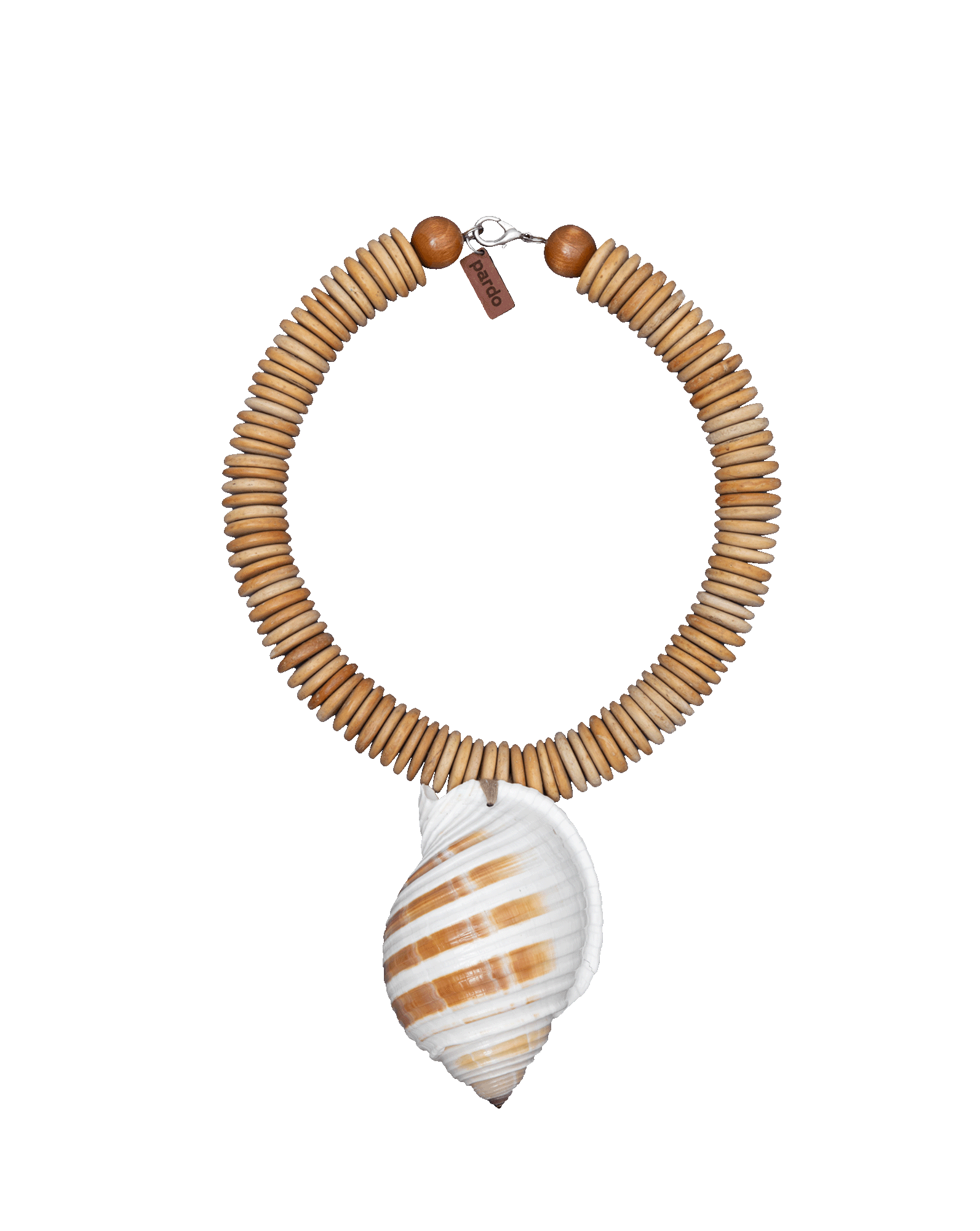 Veronica Beard Wooden beaded necklace with a large spiral shell pendant.