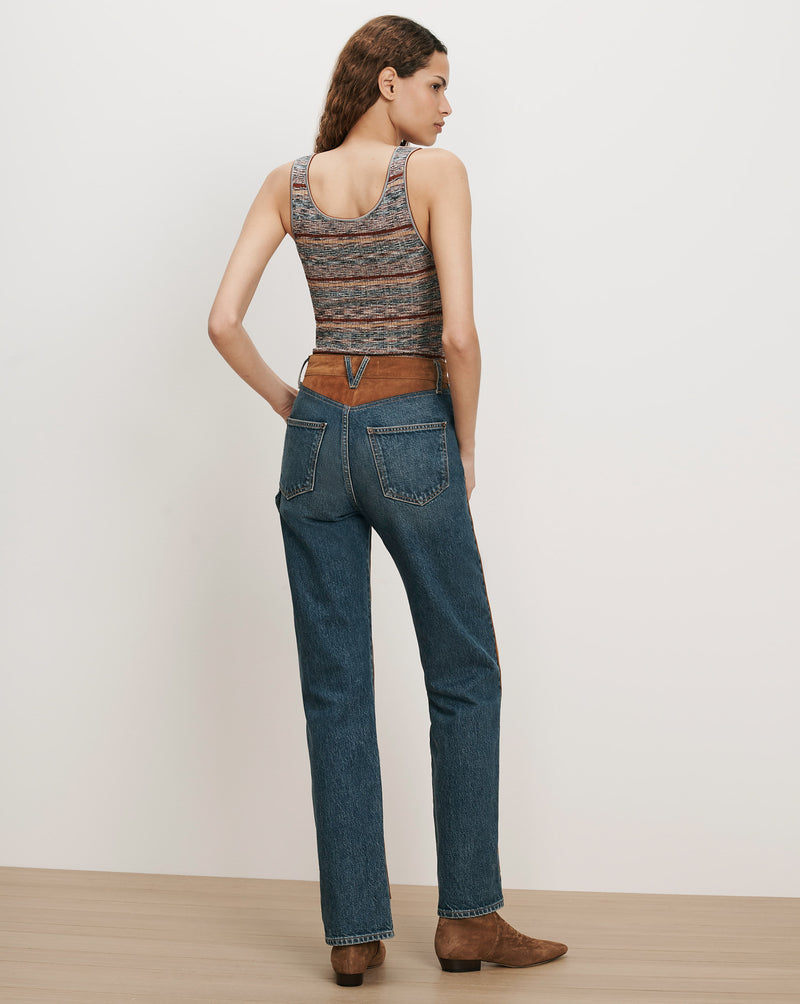 Veronica Beard Striped knit tank top, blue jeans, brown belt.