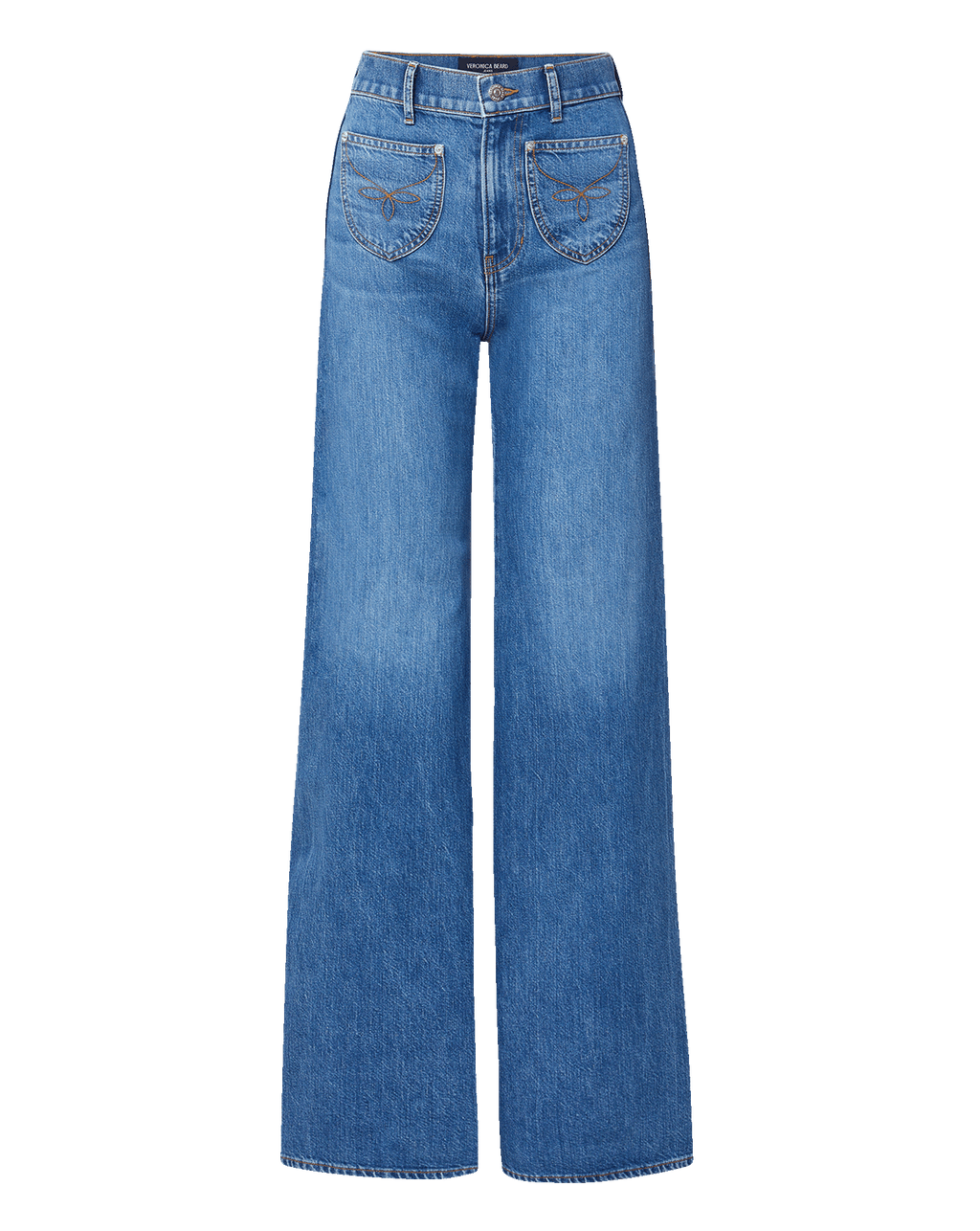 Veronica Beard Blue denim wide-leg jeans with embroidered front pockets.