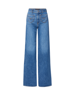 Veronica Beard Blue denim wide-leg jeans with embroidered front pockets.
