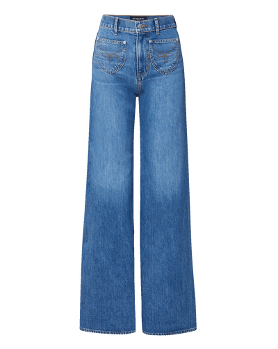 Veronica Beard Blue denim wide-leg jeans with embroidered front pockets.