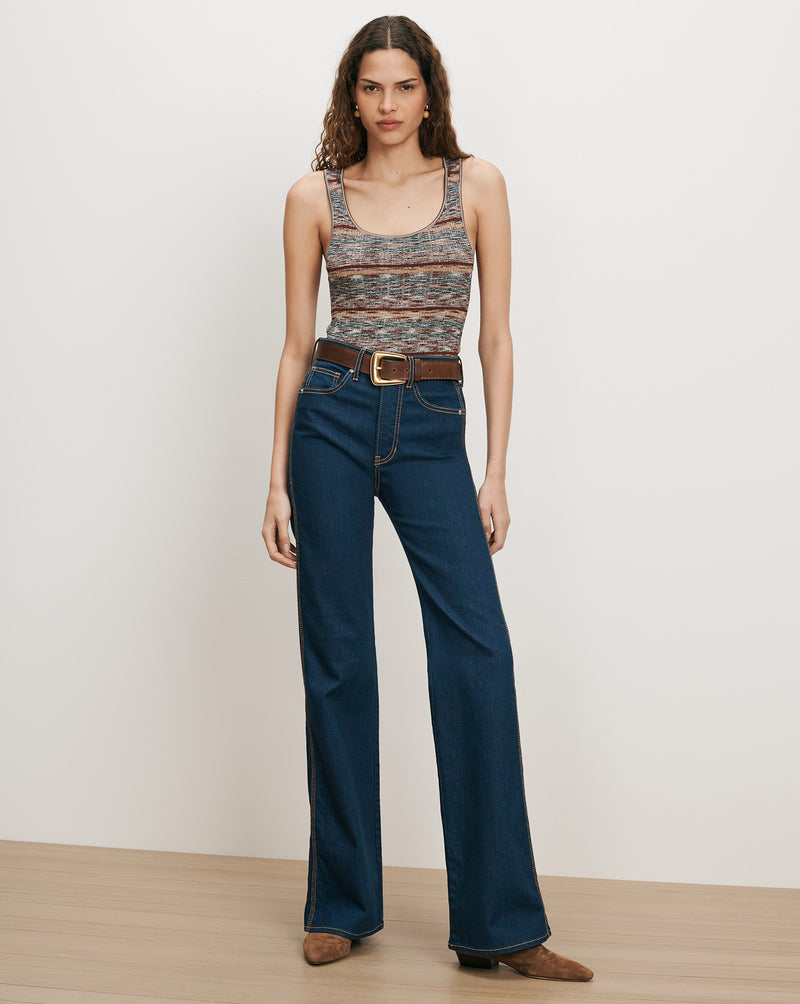 Veronica Beard Striped knit tank top, dark wash flare jeans.