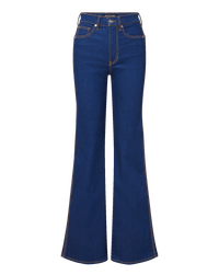 Veronica Beard Blue denim flared jeans with tan stitching.