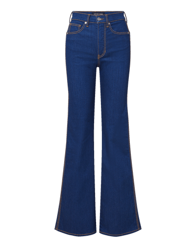 Veronica Beard Blue denim flared jeans with tan stitching.