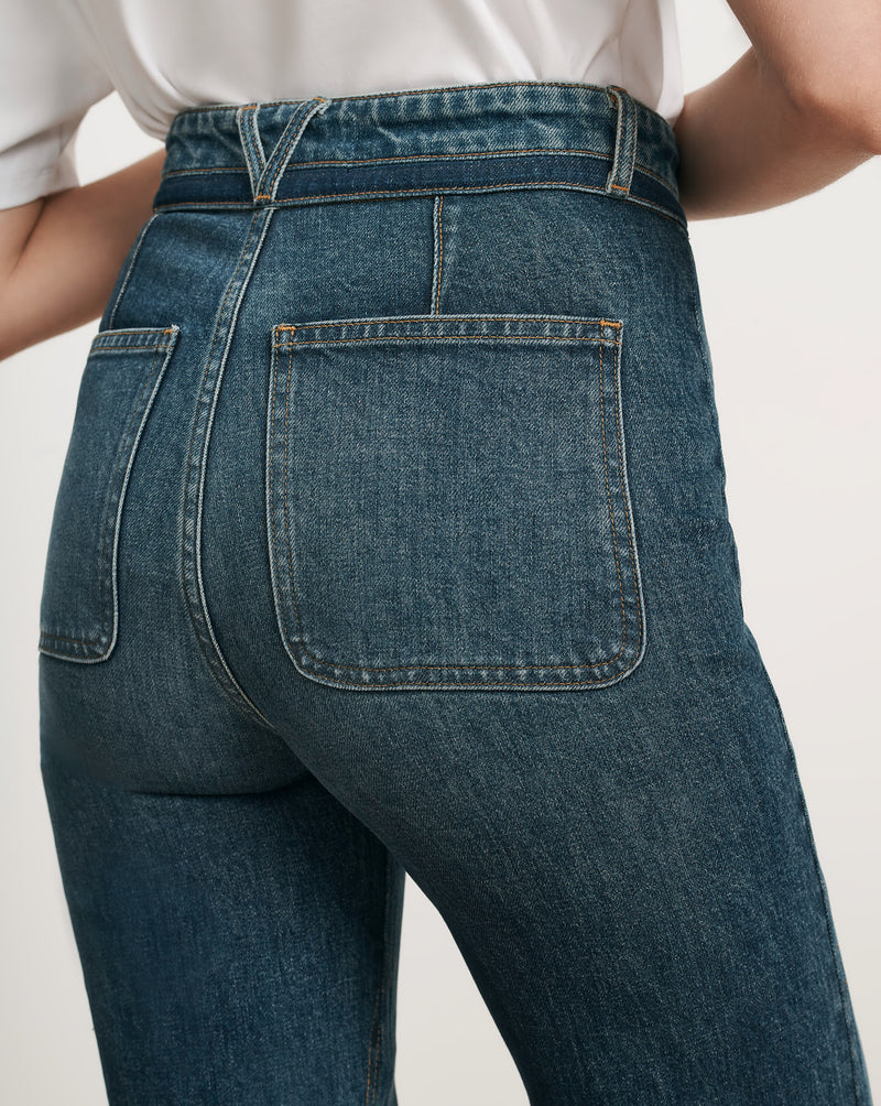 Veronica Beard Blue denim jeans with large patch pockets.