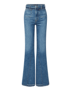 Veronica Beard Blue denim flared jeans with front patch pockets.