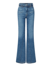 Veronica Beard Blue denim flared jeans with front patch pockets.