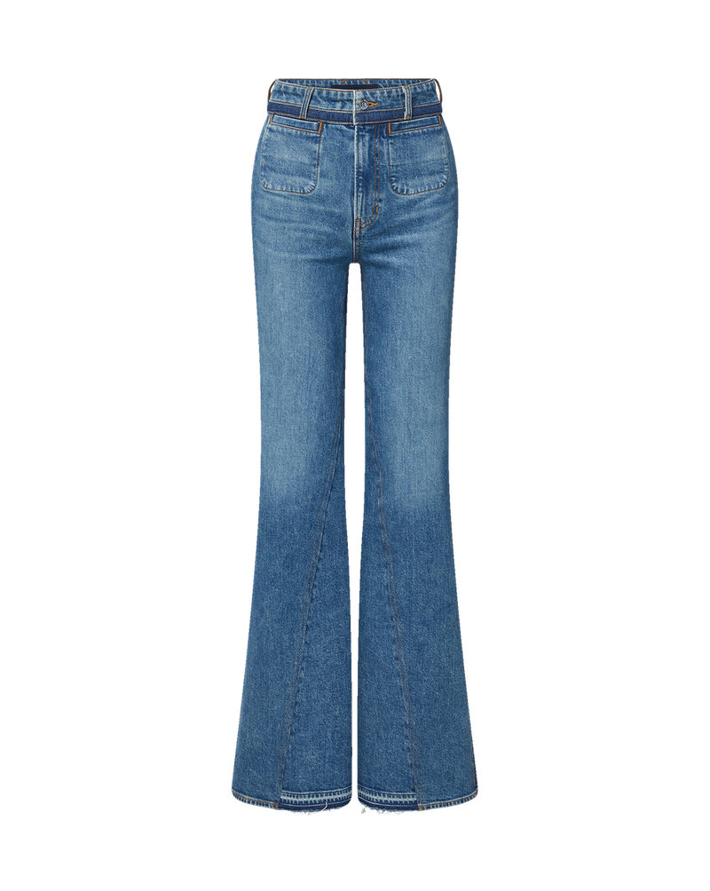 Veronica Beard Blue denim flared high-waisted jeans with pockets.
