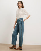 Veronica Beard White knit short-sleeve sweater, blue wide-leg jeans