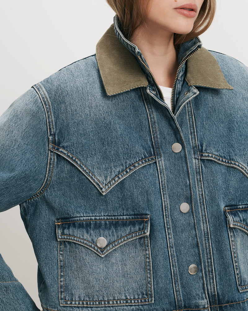 Veronica Beard Blue denim jacket with olive corduroy collar.
