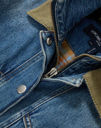 Veronica Beard Blue denim jacket with olive corduroy collar and plaid lining.