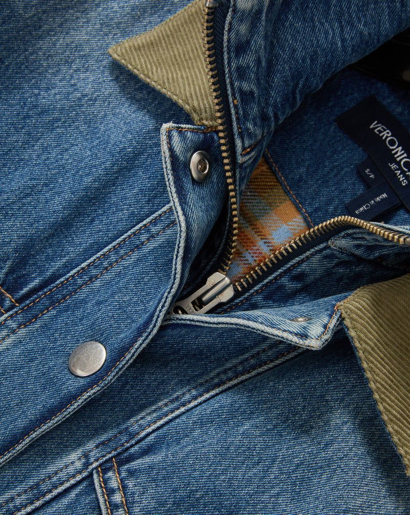 Veronica Beard Blue denim jacket with olive corduroy collar and plaid lining.