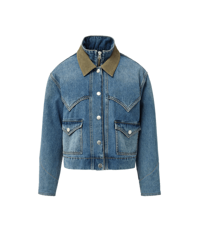 Veronica Beard Blue denim jacket with olive corduroy collar