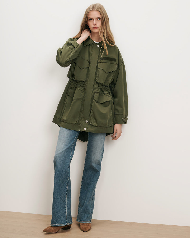 Veronica Beard Olive green utility jacket with drawstring waist.