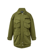 Veronica Beard Olive green cotton utility jacket with four flap pockets.
