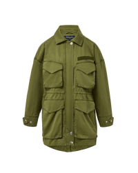 Veronica Beard Olive green cotton utility jacket with four flap pockets.