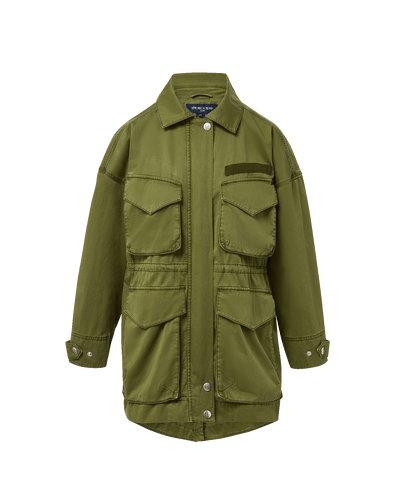 Veronica Beard Olive green cotton utility jacket with four flap pockets.
