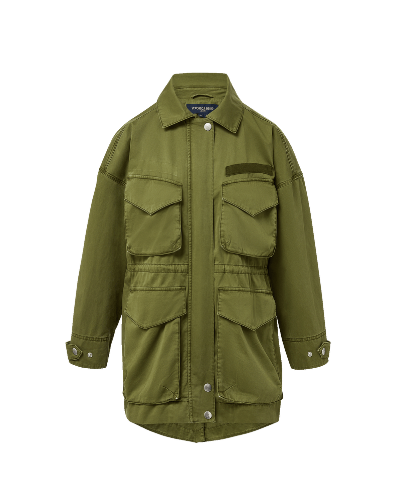 Veronica Beard Olive green cotton utility jacket with four flap pockets.