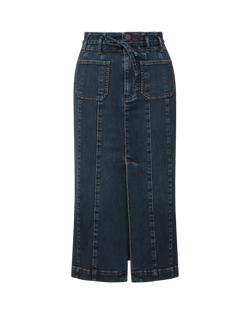 Veronica Beard Blue denim midi skirt with front slit.