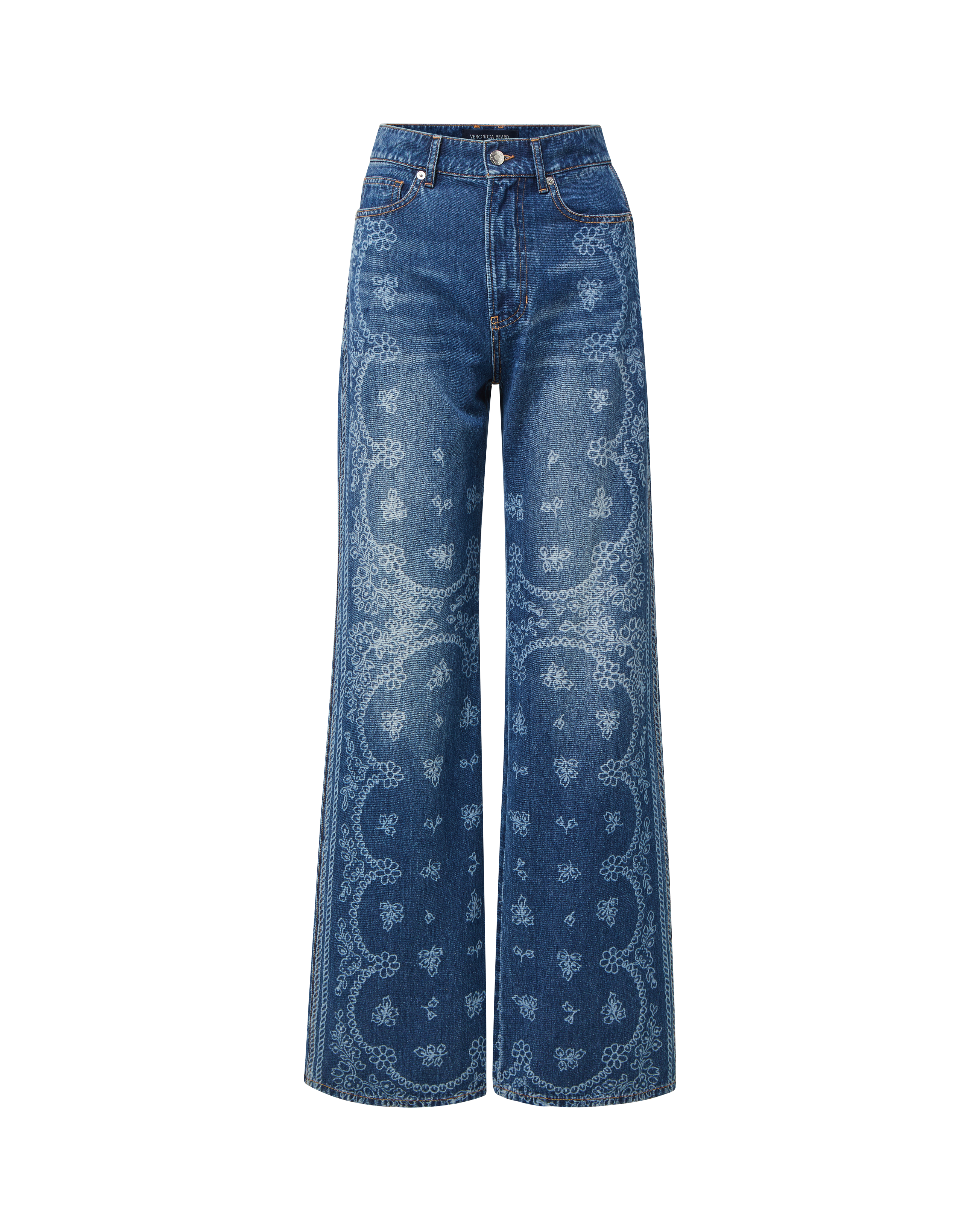Veronica Beard Blue denim wide-leg jeans with white paisley print