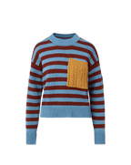 Veronica Beard Blue and brown striped sweater with yellow knit pocket.