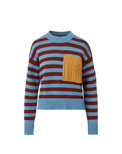 Veronica Beard Blue and brown striped sweater with yellow knit pocket.