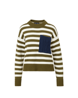 Veronica Beard Olive and white striped sweater with navy knit pocket.