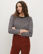Veronica Beard Navy and white striped long-sleeve shirt.