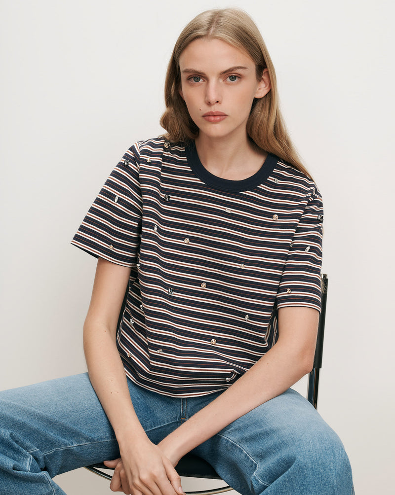 Veronica Beard Navy striped t-shirt with embroidered skulls.