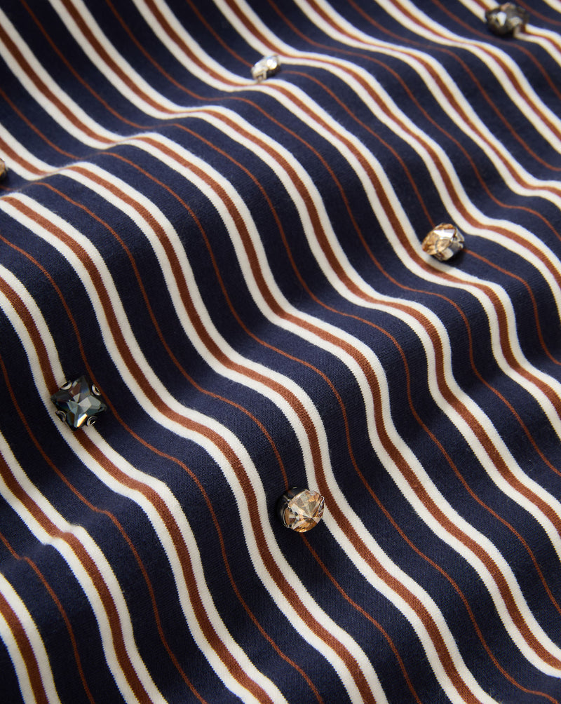 Veronica Beard Navy, white, and brown striped fabric with scattered jewels.