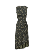 Veronica Beard Green paisley ruched midi dress with asymmetrical hem.