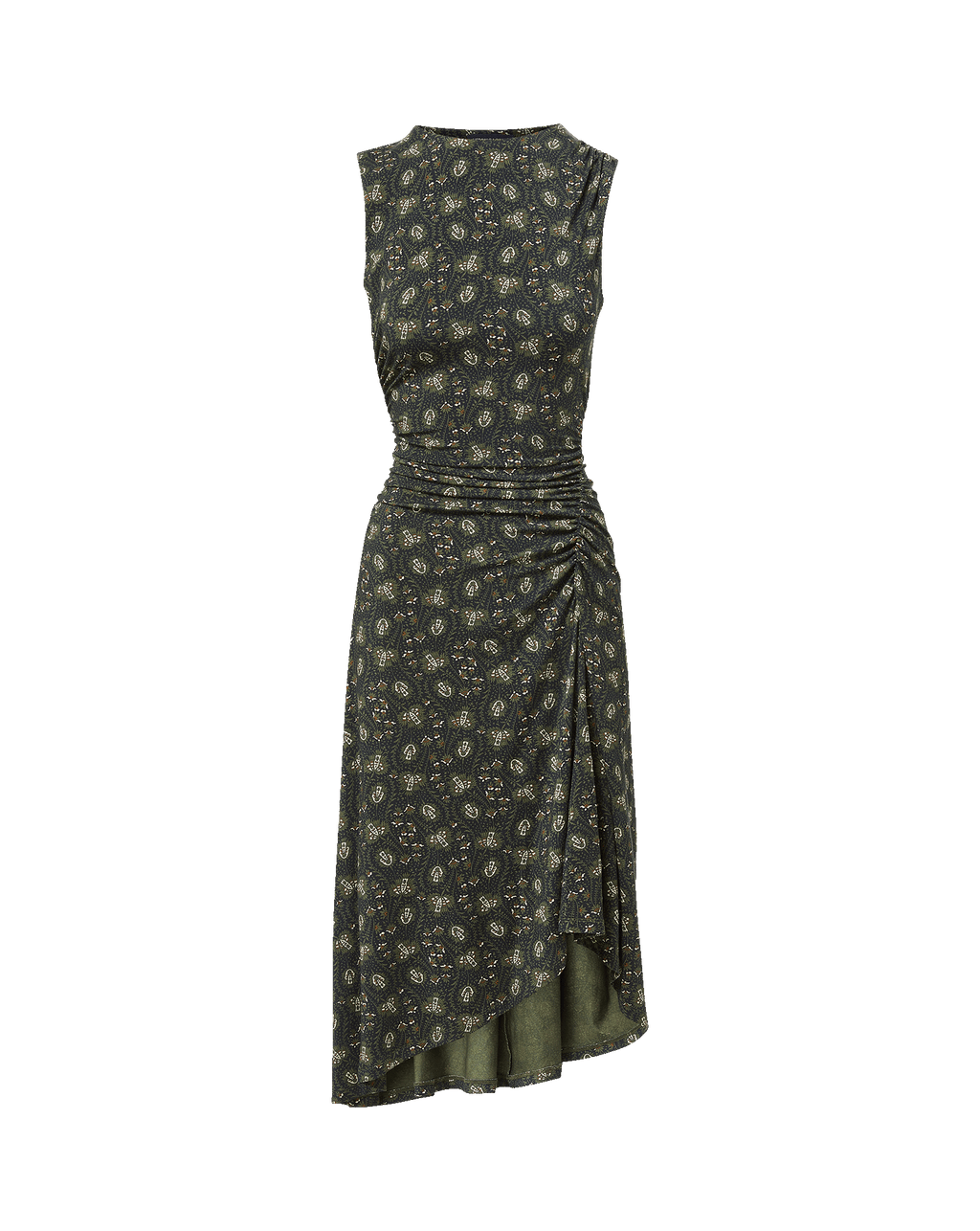 Veronica Beard Green paisley ruched midi dress with asymmetrical hem.