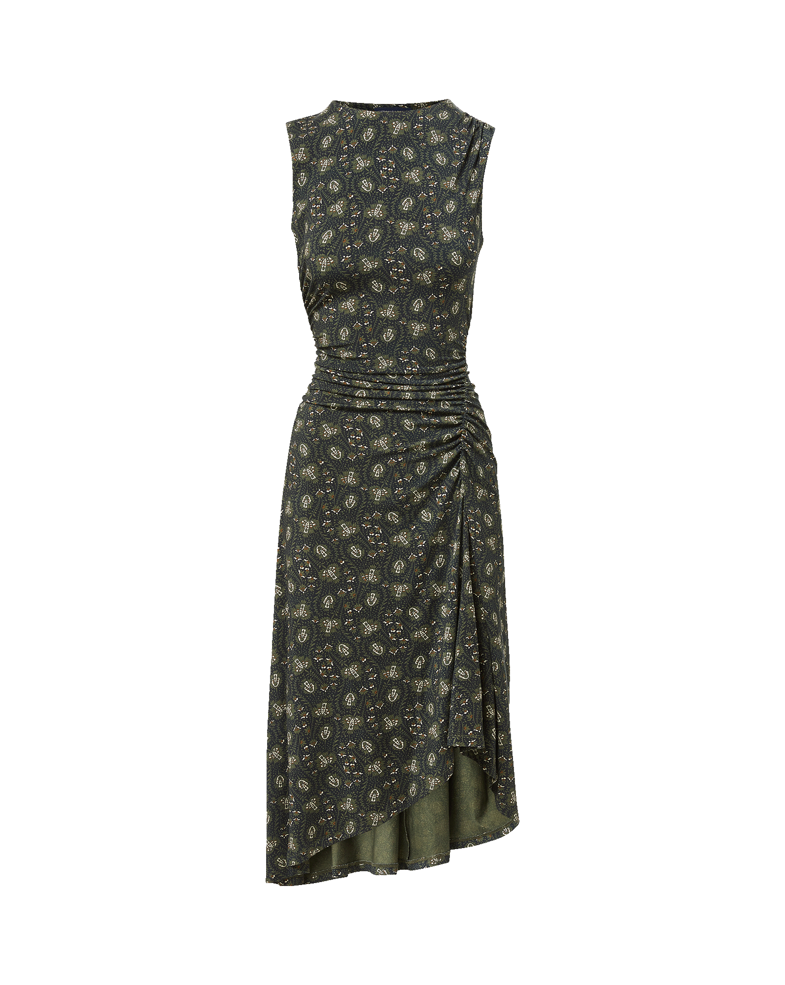 Veronica Beard Green paisley ruched midi dress with asymmetrical hem.