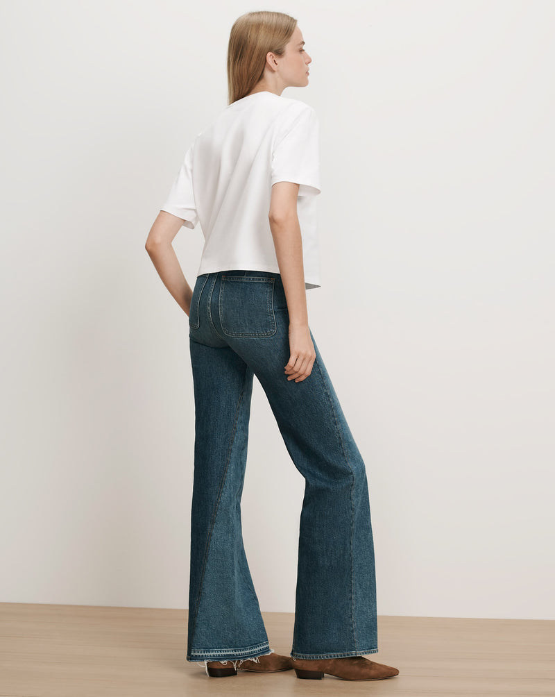 Veronica Beard White t-shirt, blue flared jeans