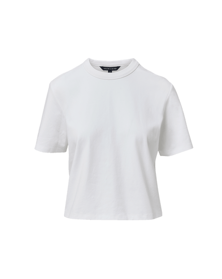 Veronica Beard White cotton crewneck t-shirt and blue jeans.