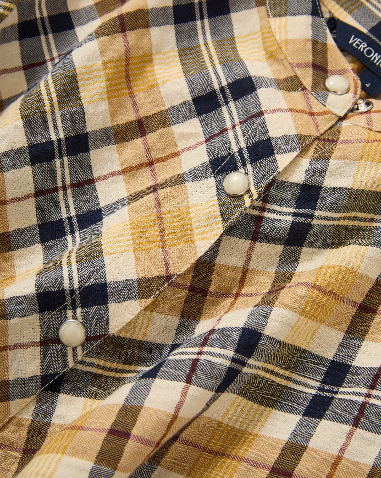 Veronica Beard Yellow and navy plaid button-down shirt.